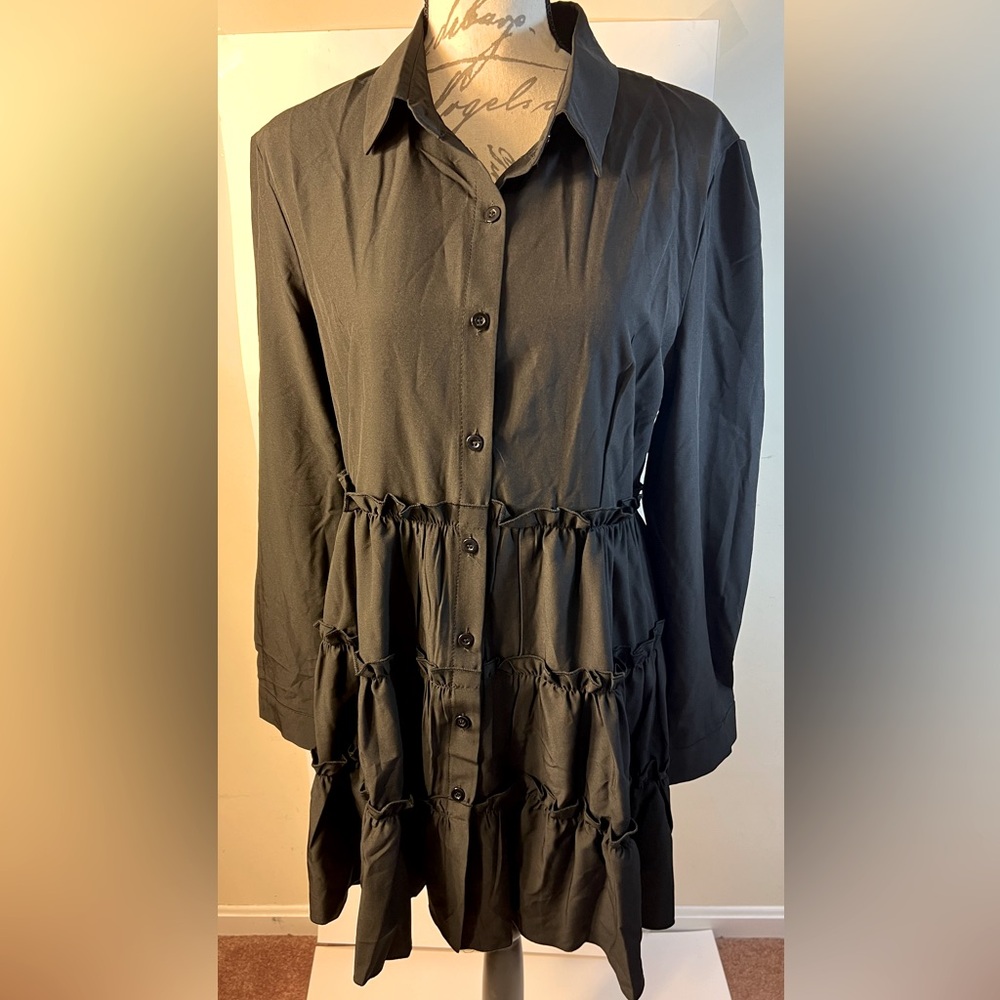 Women’s black layered mini shirt dress long sleeve button-down size XL